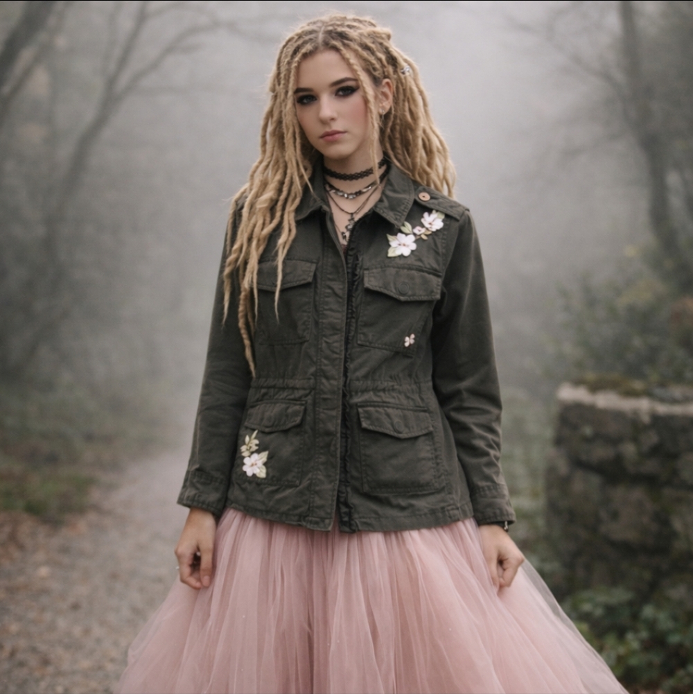 Kate Spade Jacket Designer Floral Embroidered Black Utility military Sz S